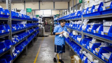 Medical supply warehouse with dialysis equipment on shelving units