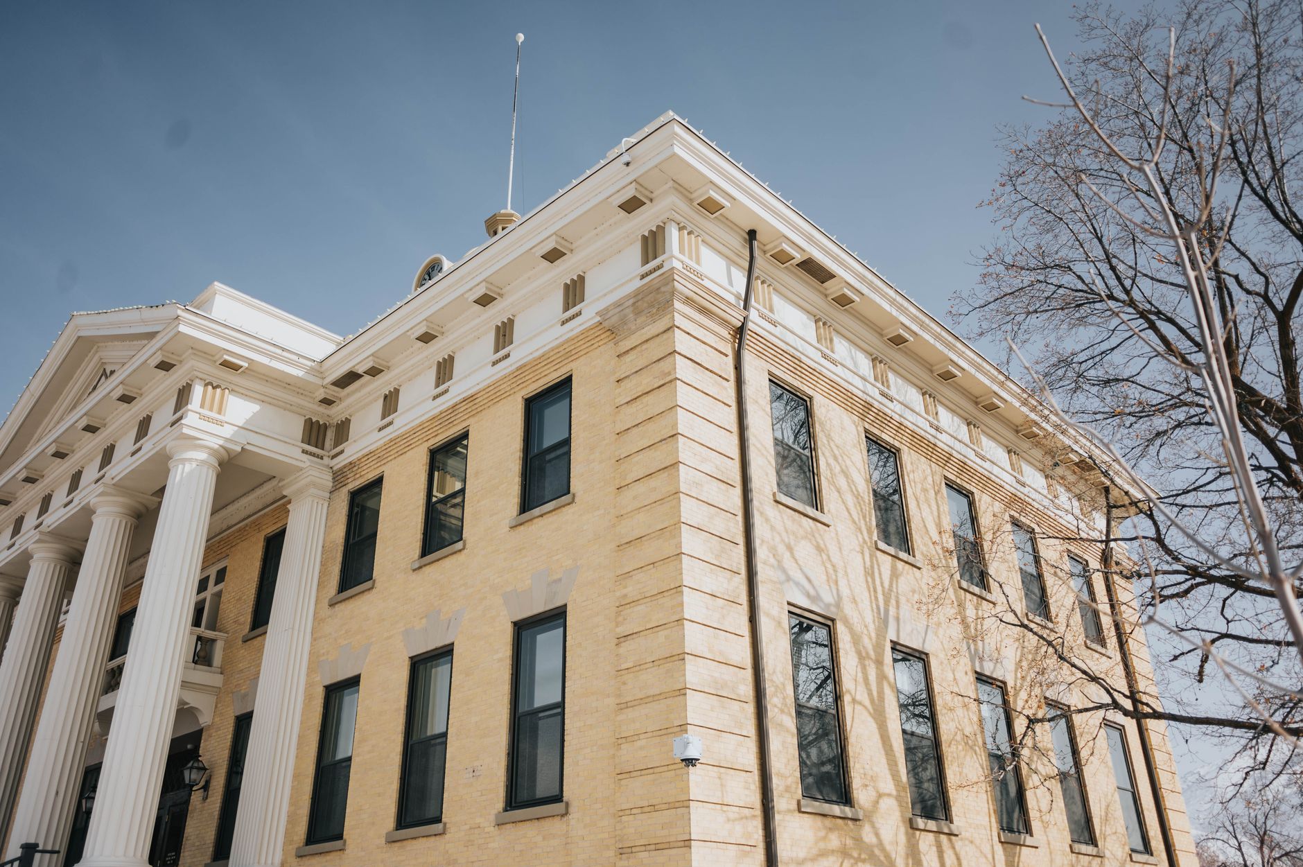 Exterior of a small county courthouse building in a rural town