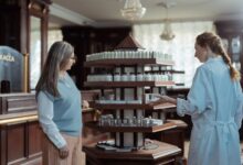 Interior of a compounding pharmacy with shelves of medications and laboratory equipment