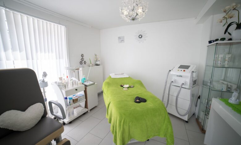 Interior of a small occupational therapy clinic with treatment tables and equipment