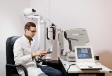Patient receiving an eye examination at an ophthalmology clinic