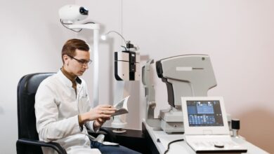 Patient receiving an eye examination at an ophthalmology clinic