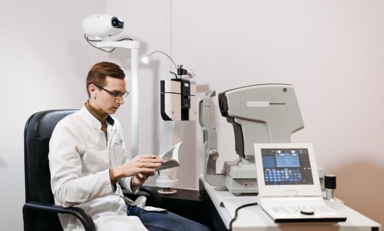 Patient receiving an eye examination at an ophthalmology clinic