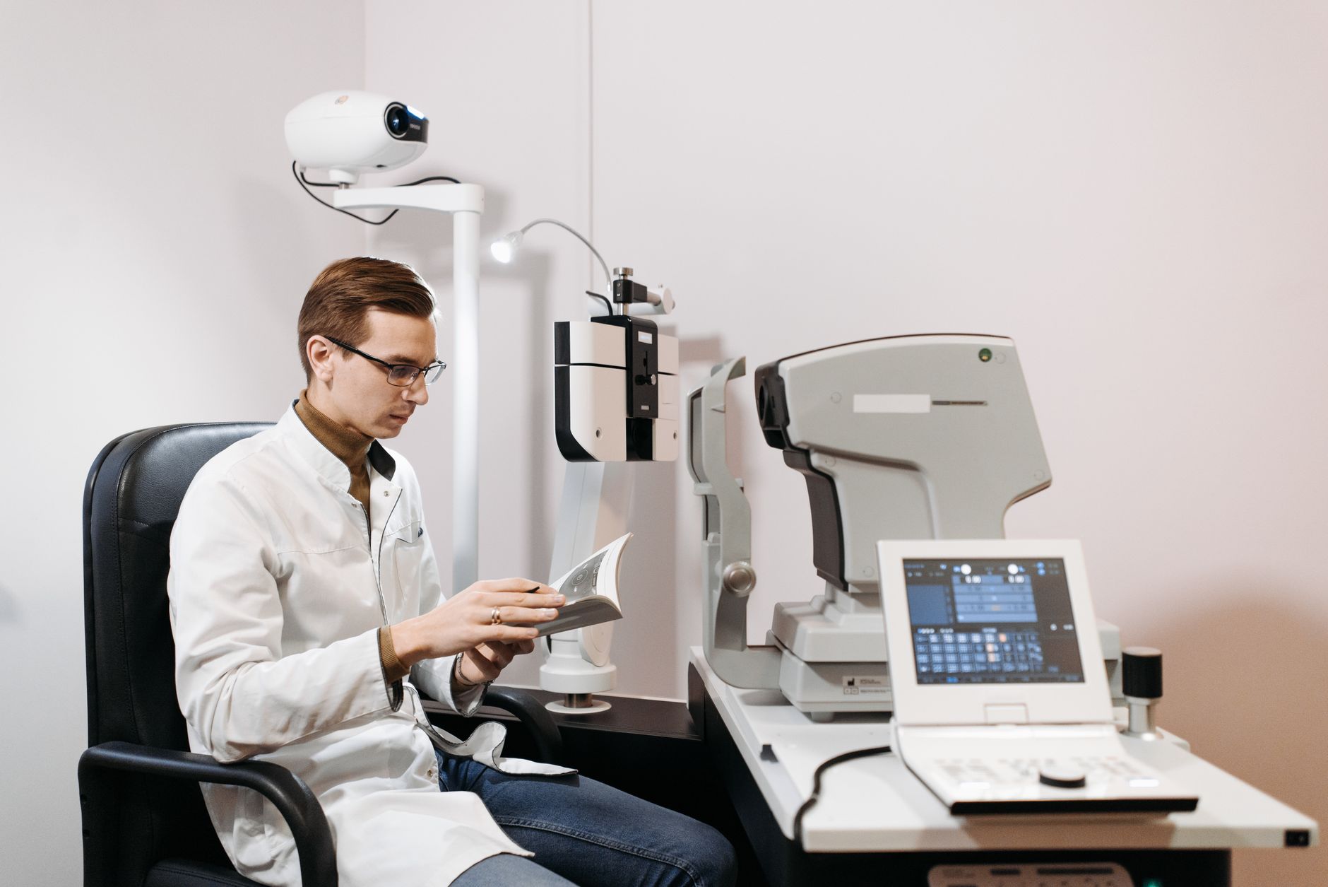 Patient receiving an eye examination at an ophthalmology clinic