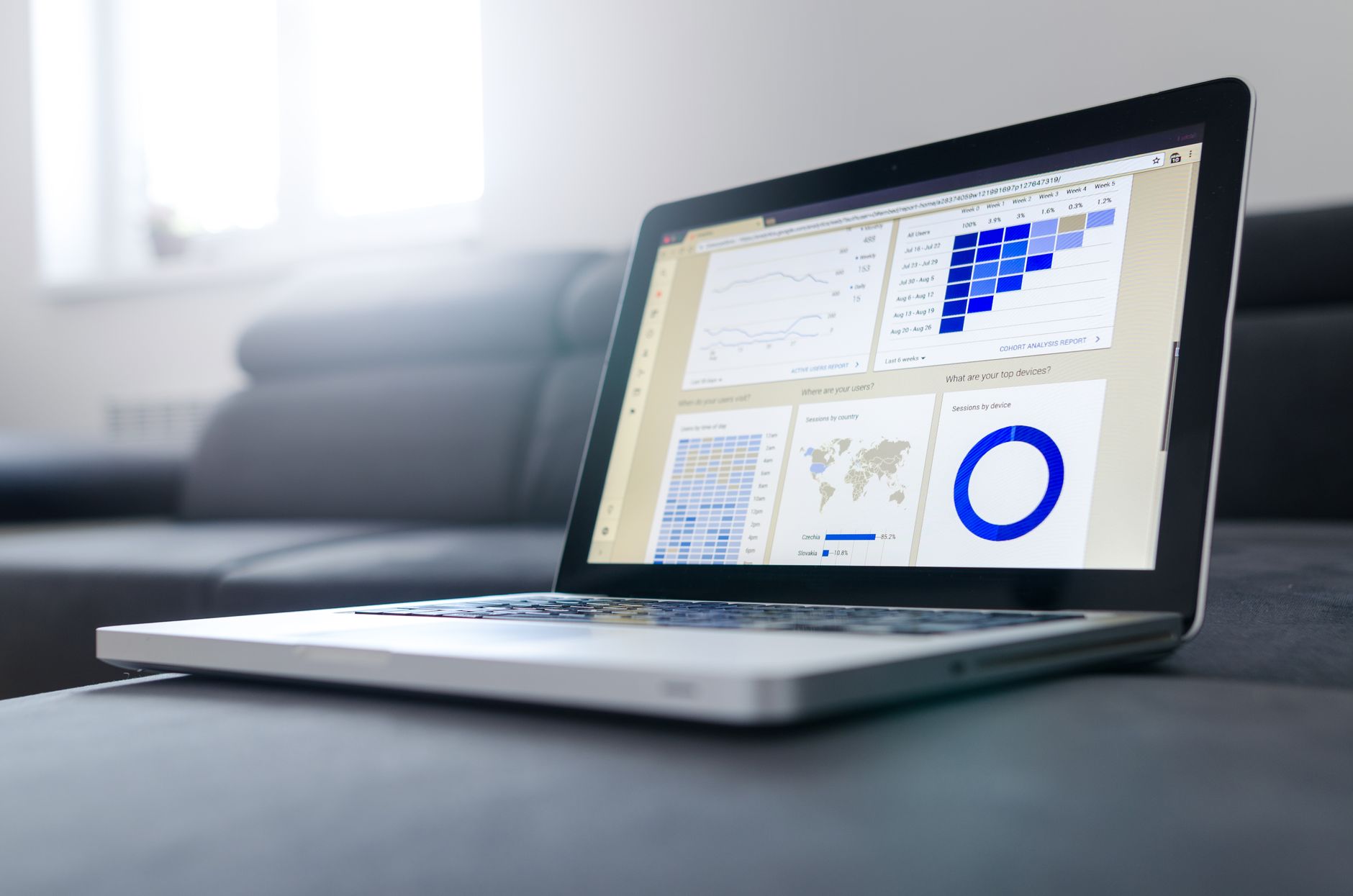Computer screen displaying data analytics dashboard used in automated underwriting