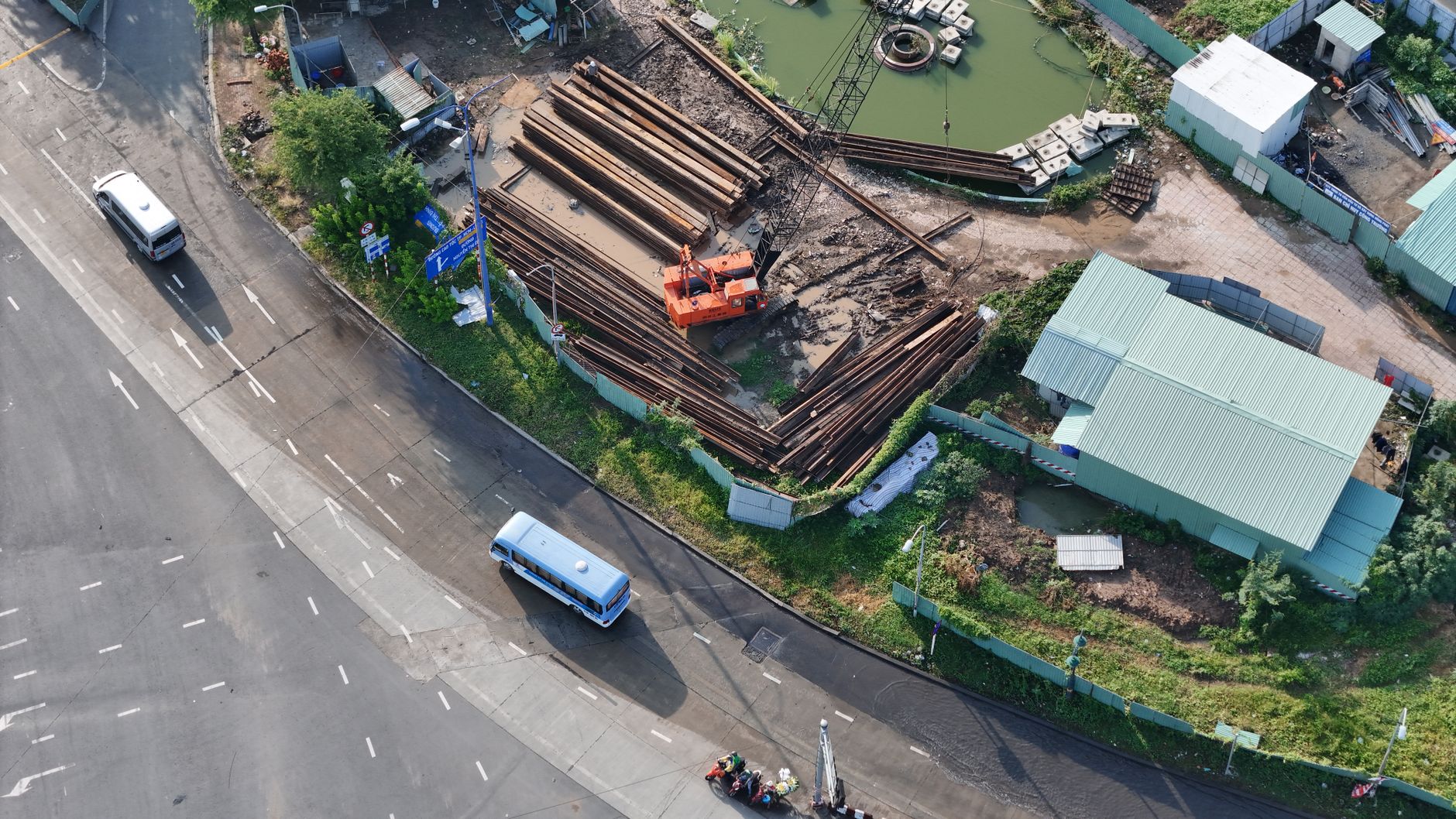 Aerial view of a residential construction and roofing project
