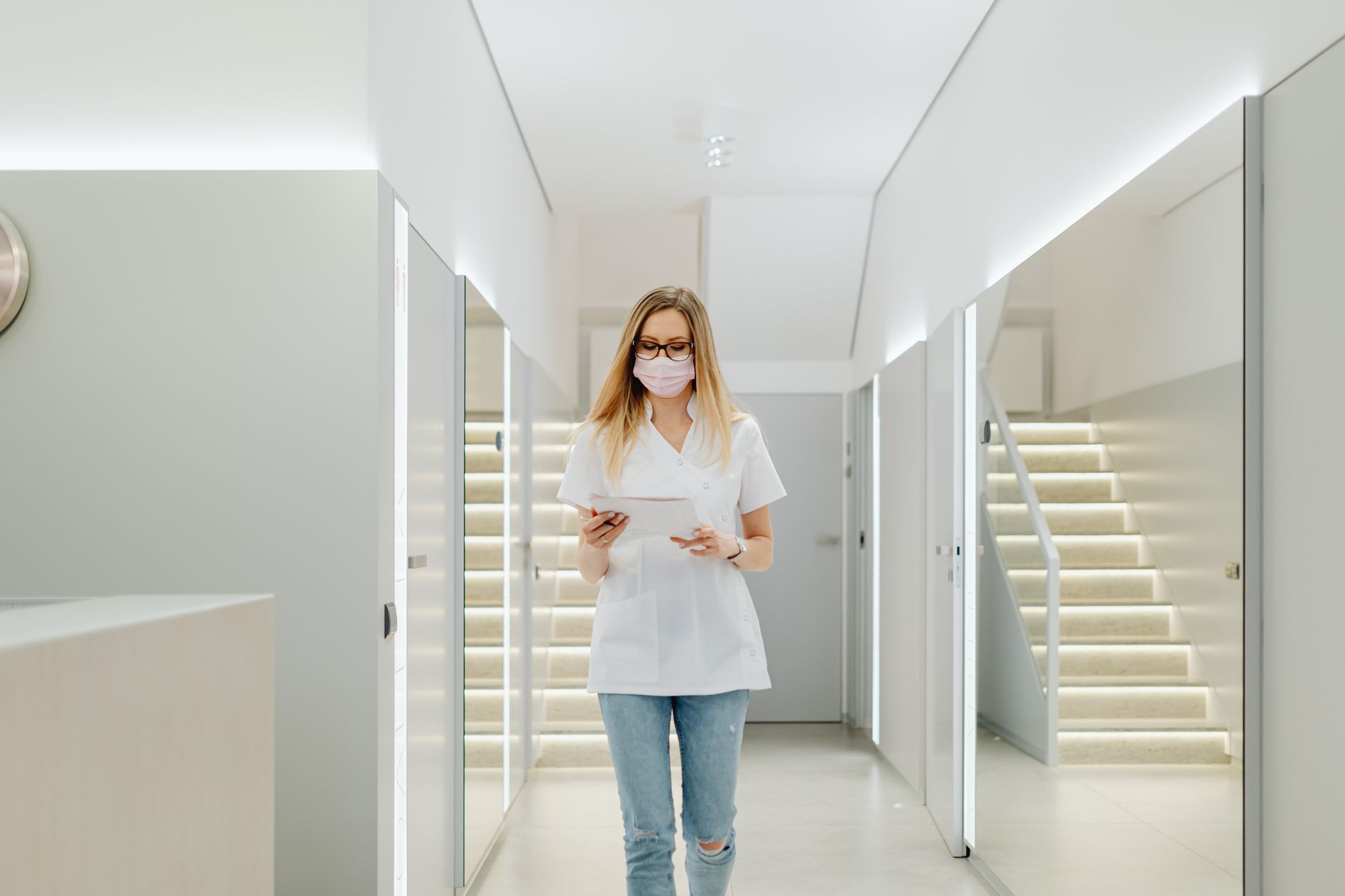 Empty hallway inside a modern outpatient medical facility