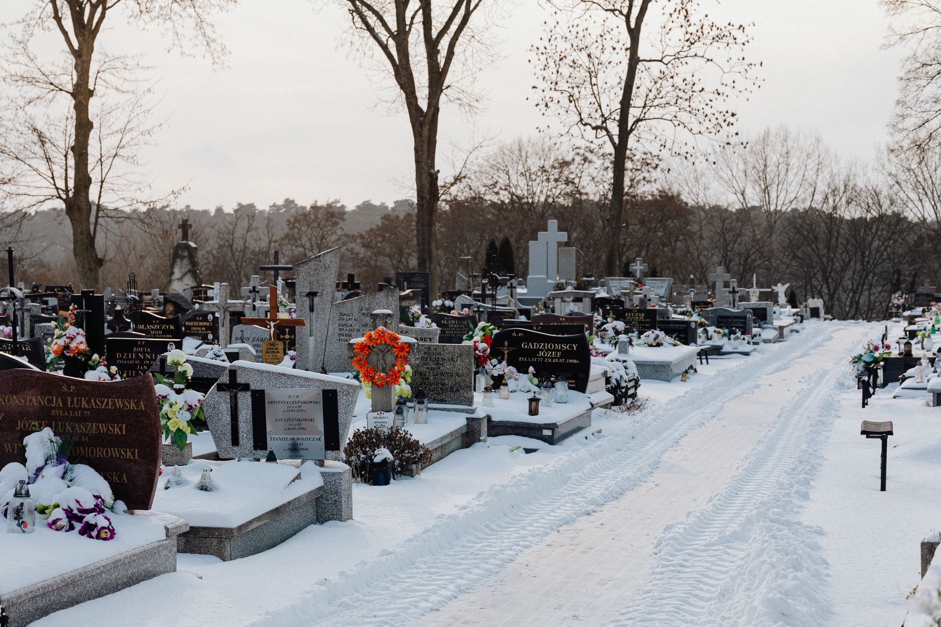 A quiet cemetery with rows of headstones under an overcast sky