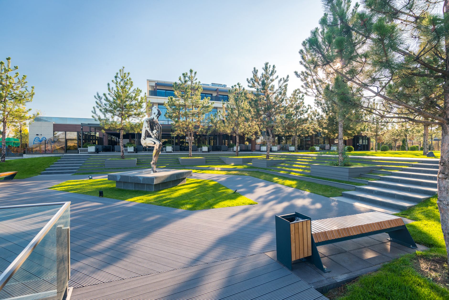 Aerial view of a professionally designed urban park with walkways and green space