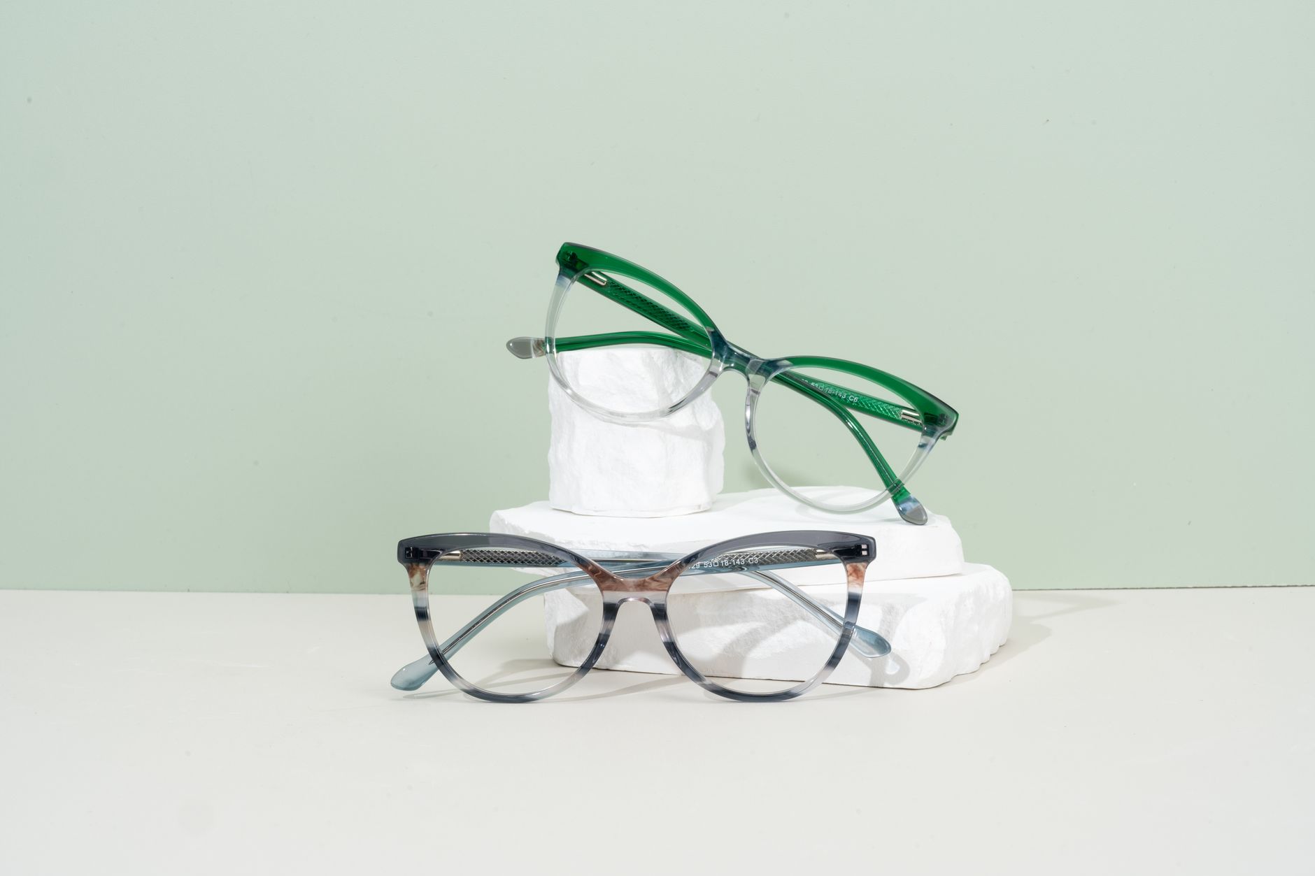 Interior of an optical retail store with eyeglass frames on display
